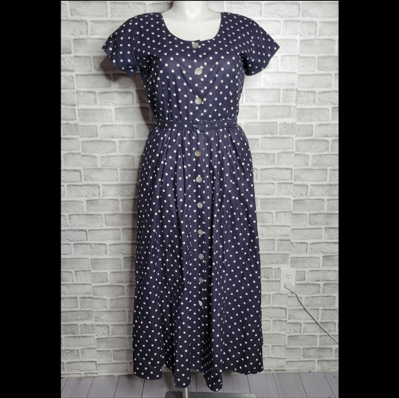 Vintage Dresses & Skirts - Vintage Polka Dot Criss Cross Peekaboo Back Button Front Fit and Flare Dress